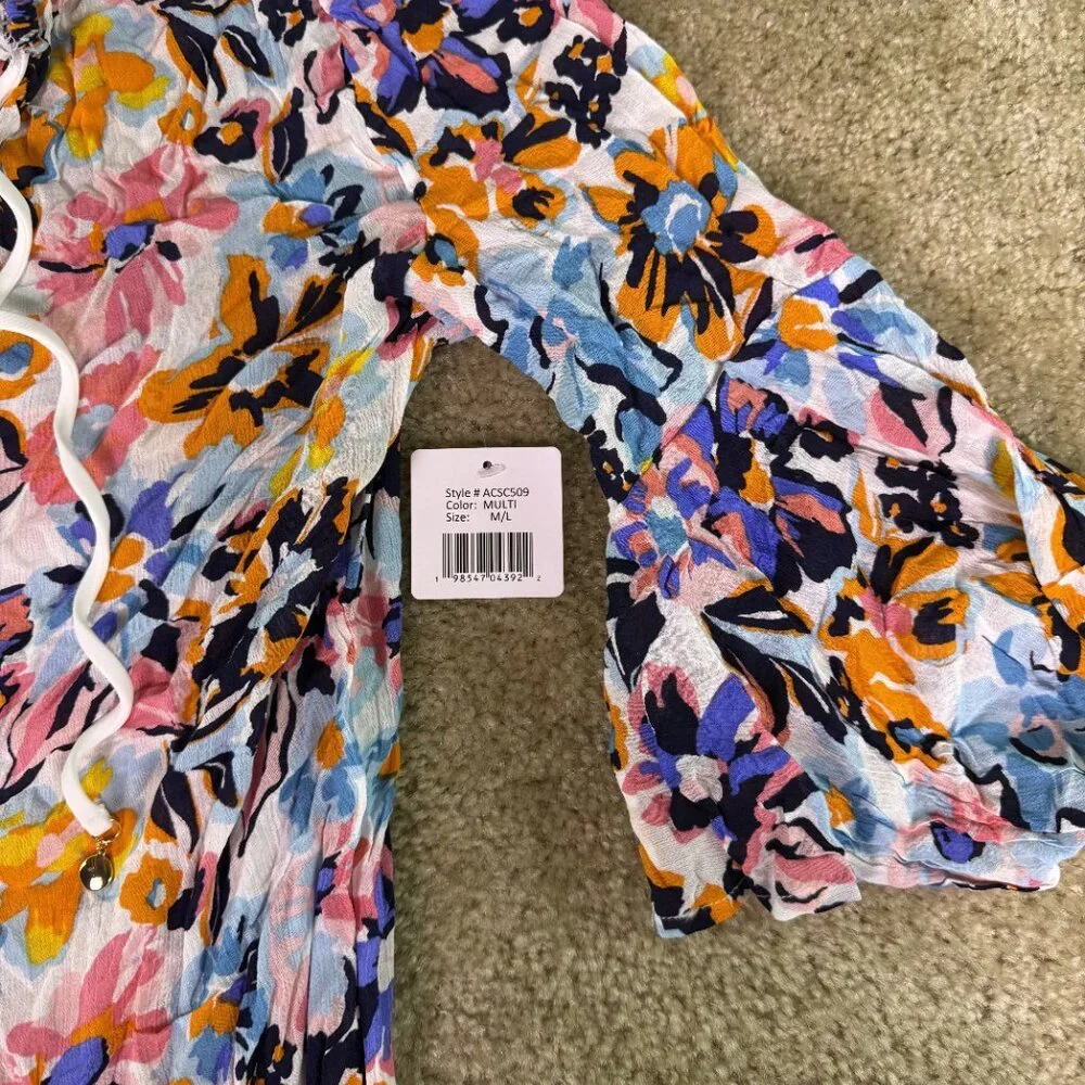 Anne Cole NWT Floral Semi Sheer Plunge Neck Tunic Top Cover Up Medium E936 - Picture 2 of 9